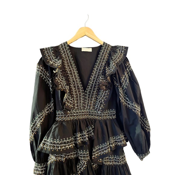 ULLA JOHNSON Anais Mini Dress Ruffle Embroidered V-Neck Black Noir Cotton 2 NWT - Picture 13 of 15